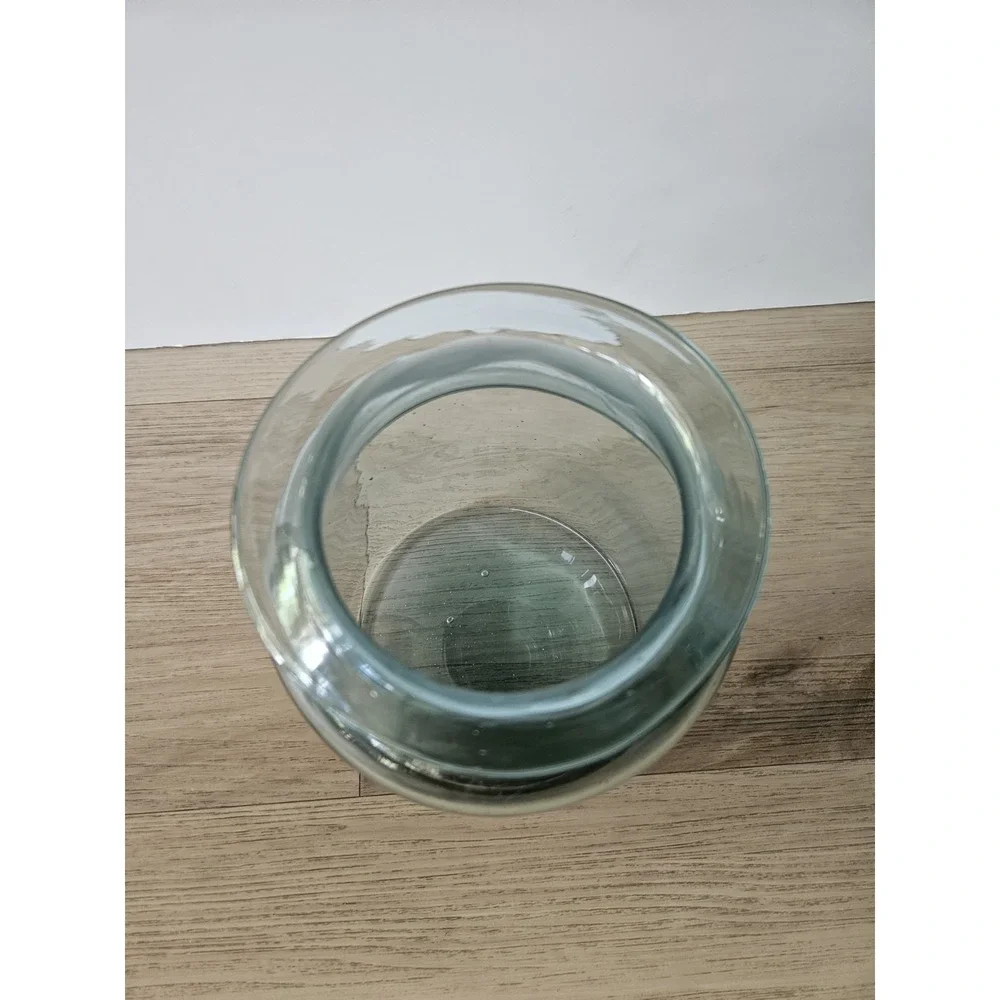 Vtg Takahashi Japan Hand Blown Glass Apothecary Jar MCM Blue Green Canister 9
